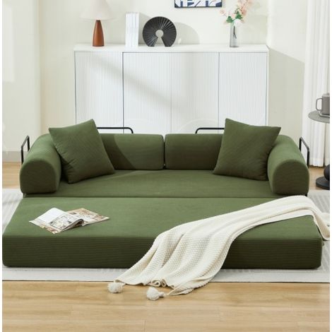 Canapé convertible 200x90x75 cm en velours côtelé vert, gain de place pour salon FloraGrace (1/5)
