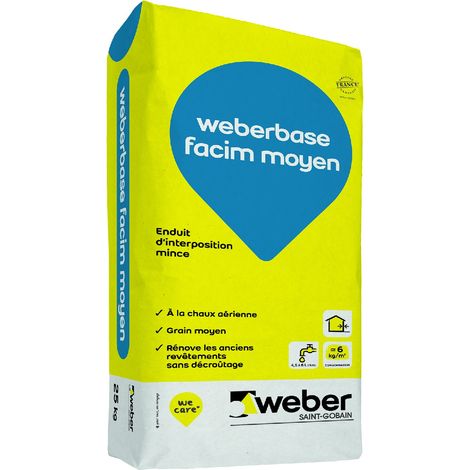 Weber Saint-Gobain Enduit d'interposition,25 kg, à la chaux aérienne grain moyen pour rénover un ancien revêtement organique avec une solution minérale en faible épaisseur, Weberbase facim moyen