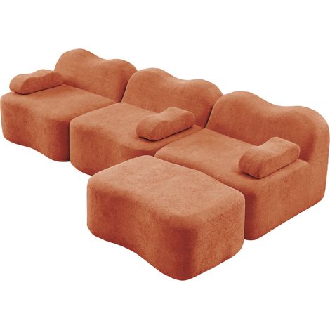 Modulares L-Ecksofa 3-Sitzer ohne Gestell mit 1 Hocker, orange Samt (1/5)