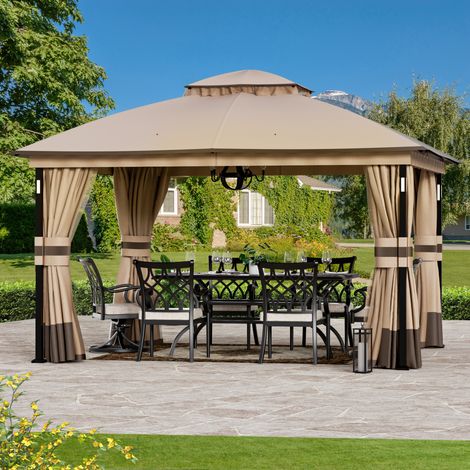 Modern Shade Pavillon 3,3x4m Metallrahmen Wasserdicht Stabil Pop Up Faltpavillon mit 4 LED-Lichter & Doppeldach Tragetasche, Khaki (1/4)