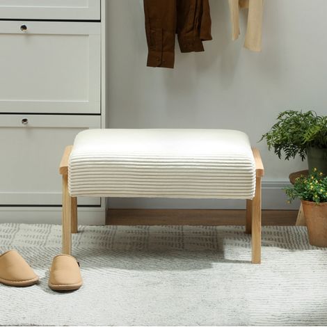 Puf reposapiés (70x46x40 cm), asiento acolchado, patas de madera de caucho, poliéster, blanco crema (1/5)