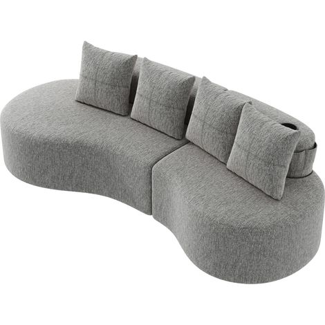 Sofá de lino gris claro 240 x 109 x 63 cm con 4 cojines, portavasos y bolsillos (1/5)
