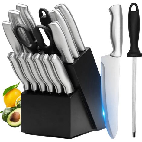 Juego de cuchillos de cocina, hojas de acero inoxidable, juego de 15 piezas, cuchillos de chef, hoja de precisión, mango ergonómico. (1/5)
