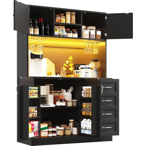 Buffet latéral / meuble de rangement / meuble de cuisine / buffet, 120x40x188cm, avec éclairage LED, étagère à snacks et porte-gobelets, 4 portes et 2 grands tiroirs, Vert/Noir/Blanc