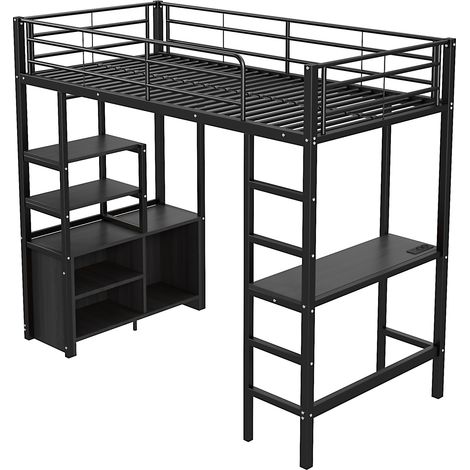 Letto a soppalco 90 x 200 cm in metallo nero con scrivania, prese USB, scaffali e scala (1/5)