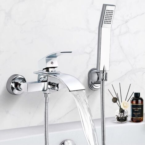 Mitigeur de Baignoire Cascade, Robinet Douche en H59 Laiton Chromé, Robinet Baignoire avec Douchette à Main en ABS plastique et 1.5mTuyau de douche (1/4)