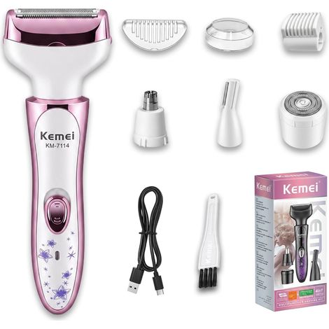Rasoir Electrique Sans Fil Femme 4-en-1, Rose 6500 RPM, IPX4 Anti-éclaboussures, Rasoir Corps pour Visage, Aisselles, Jambes, Bras et Maillot (1/5)