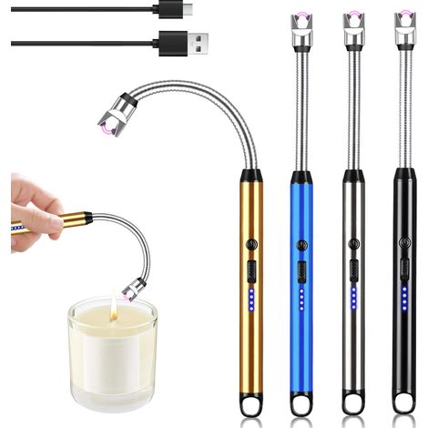Lot de 4 briquets à arc électrique, rechargeables par USB, avec serrure de sécurité et indicateur de batterie, portable à 360 °, coupe-vent, sans flamme, pour bougies, barbecue (Bleu) (1/5)