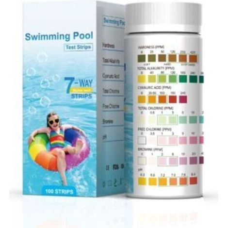 Lot de 100 bandelettes de test pour piscine - pH et chlore 7 en 1 - Dureté de l'eau - pH total - Chlore libre - Alcalinité totale, brome, acide cyanurique (1/5)