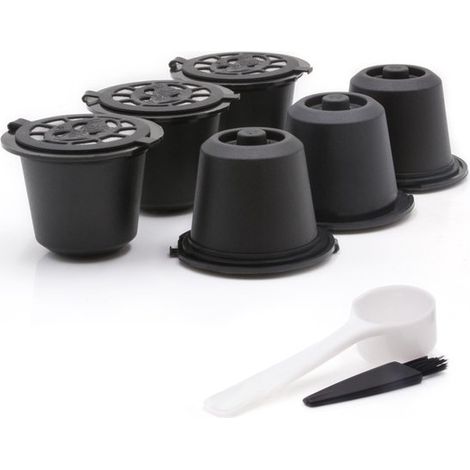Tasse à café réutilisable compatible Nespresso - noir - avec brosse - Capsules de café rechargeables - Capsules de café remplies - 6 pièces (1/5)