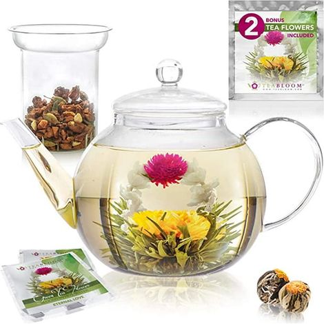 Théière en verre compatible micro-ondes et gaz (1,2 L / 40 oz) avec infuseur amovible pour thé en vrac - Lot de 2 thés fleurs - Bouilloire et infuseur 2-en-1 (4-5 tasses) (1/5)
