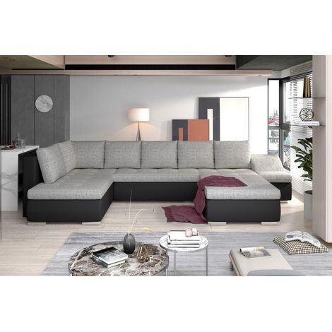 Canapé panoramique GYOVANI gris clair et noir angle droit convertible avec coffre (1/2)