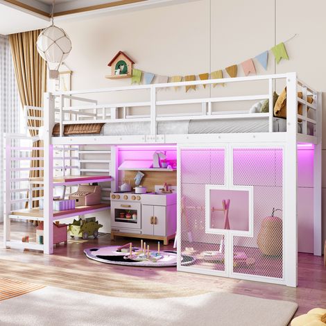 Metall-Hochbett 90x200 cm mit Stauraumtreppe, LED und Fenstern, weiß HAVRYA (1/5)