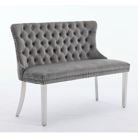 Banc de repas 2 places en velours gris avec pieds en acier inoxydable brossé (1/5)