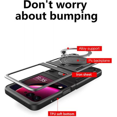 1 Coque Motorola Razr 50, Support intégré, Silicone et PC, Protection caméra, Noir (1/5)