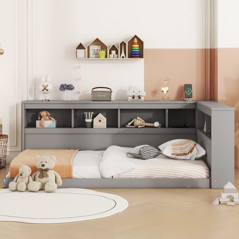 Bett Schlafbett Aufbewahrung 90x200 USB Grau OKMYHOME