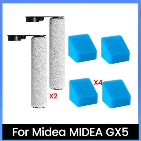 Lot de 6 pièces de rechange pour nettoyeur de sols Midea GX5 : accessoires, rouleau principal, filtre et éponge.