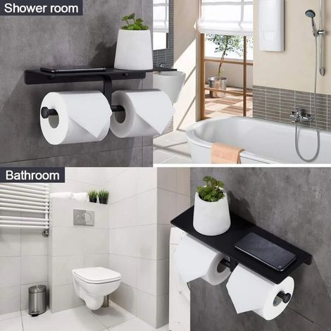 Hygienischer Toilettenpapierrollenhalter ohne Bohren mit Handyablage, doppelte Wandmontage für Badezimmer (Schwarz) (1/4)