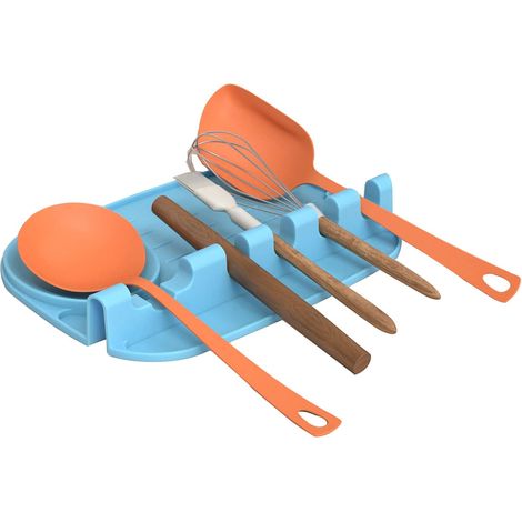 JSSEVN - Silicone Spoon Rest, 2-in-1 Silicone Kitchen Utensil Rest for Spoon, Spatula, Ladle, Fork, Non-Slip, Heat-Resistant (Blue) (1/5)