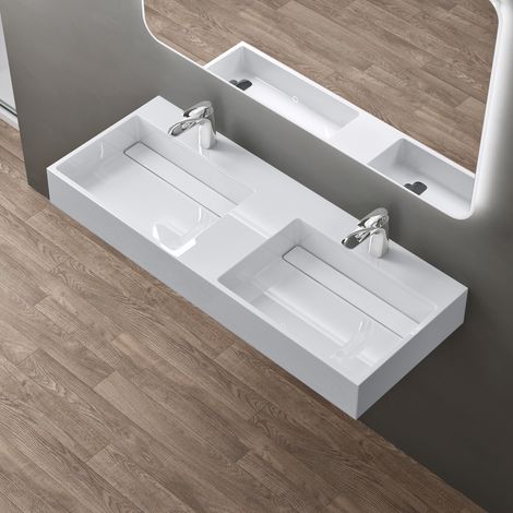 doporro® lavabo doble de diseño 120x48x13cm desagüe oculto Colossum12 en blanco de mármol fundido apto como lavabo sobre encimera y lavabo suspendido (1/5)