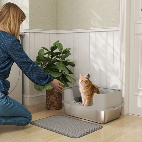 Bac à litière pour chat ouvert en inox, bords hauts, 60,2 x 40,2 x 29,5 cm, gris DESVIAE (1/5)