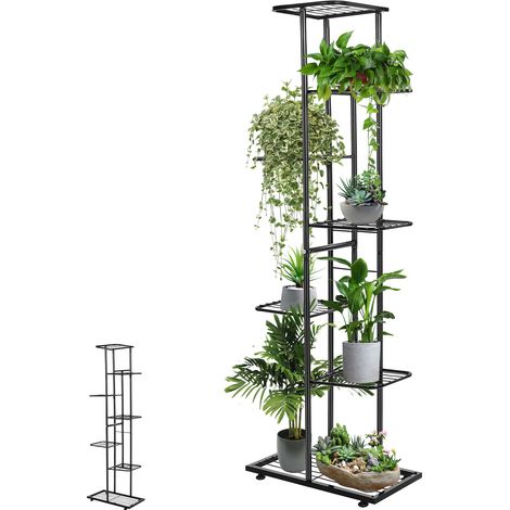 Tominio-Étagère à fleurs pliable à plusieurs niveaux pour salon et intérieur - étagère sur pied, noire (version épaisse, 7 niveaux, 8 pots, hauteur 126 cm)