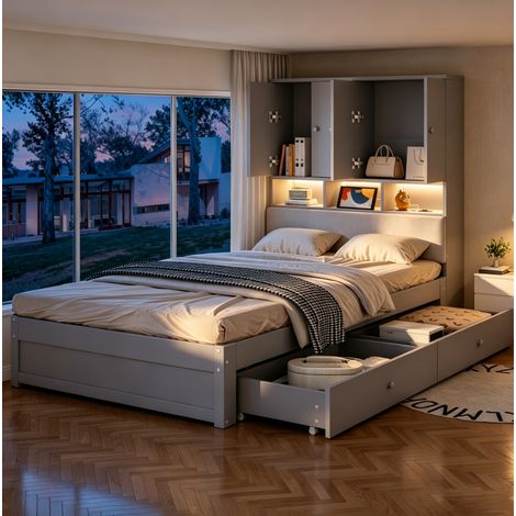Cama infantil 90x200 con almacenaje, cabecero acolchado, LED, enchufe y 2 cajones gris DESVIAE (1/5)