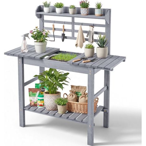 VEVOR Tavolo da Giardinaggio da Esterno, Postazione di Lavoro per Esterni con Lavello, Piano in Legno Regolabile da 94 a 140 cm, con Ripiani Portaoggetti, Ganci per Patio, Cortile, Grigio Classico