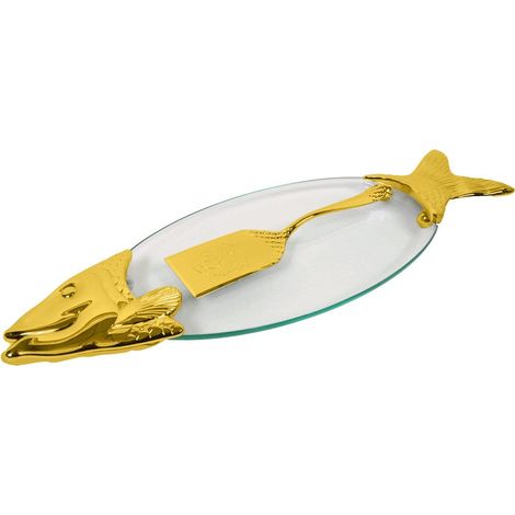 Plat à poisson en verre avec pelle de service dorée transparent et or 58 x 19,5 x 3 cm - PANGIVO (1/5)