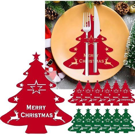 12 Pièces Porte-couverts pour sapin de Noël, Sacs à ustensiles en feutre pour décoration de table festive, Fournitures pour dîner de Noël, Décorations de vaisselle pour Nouvel An (1/5)