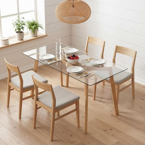 Table à manger pour 4 personnes, 120x60x76cm, table de cuisine, plateau en verre trempé et pieds en acier, transparent (1/5)