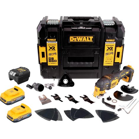 Multitool a batteria DeWalt DCS 356 E2T 18 V Brushless + 2 batterie Powerstack da 1,7 Ah + caricabatterie + 20 accessori + TSTAK (1/5)