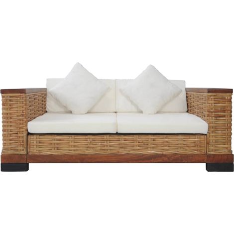 Divano 2 posti per soggiorno interno casa con cuscini in rattan naturale marrone 020019492
