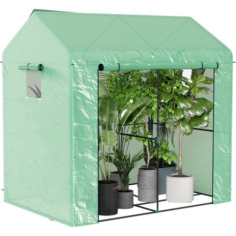 Serre de jardin avec porte enroulable et fenêtres grillagées, 200 x 140 x 200 cm, verte