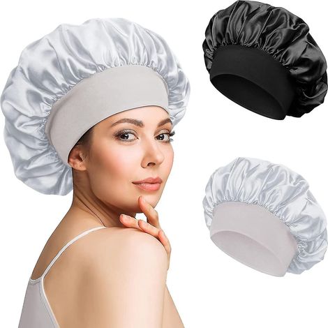 Set mit 2 Satin-Nachthauben, Seiden-Nachthauben für Damen (schwarz, silber) (1/5)