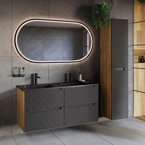 Doppelwaschtisch und Hängesäule 120cm Elora mit 4 Schubladen, Schwarz und Holzoptik (1/5)