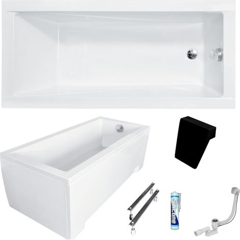 ECOLAM Baignoire rectangle acrylique Modern 140x70 cm  tablier en acrylique  appui-tête noir  pieds silicone + siphon  ensemble complet  baignoire en acrylique blanc (1/5)