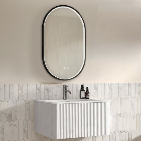 Conjunto de mueble de baño suspendido de 81 cm con lavabo integrado y espejo LED 50 x 80 cm blanco (1/5)