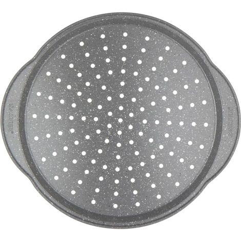 Teglia rotonda per pizza forata da 37 cm in pietra marmorizzata antiaderente, cottura uniforme fino a 220 °C – ideale per feste in famiglia.