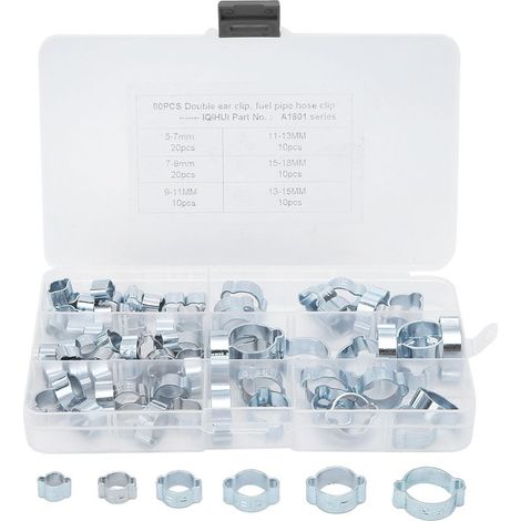 80 colliers de serrage double oreille pour durite essence, pince flexible 360°, 6 tailles, pour véhicule (1/5)