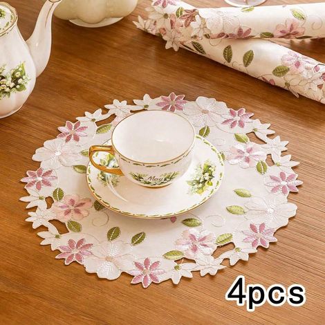 Set de 4 serviettes de table en lin brodées ajourées, design broderies florales roses, serviettes pour usage quotidien, décor mariage/fête, résistantes à la chaleur. (1/5)