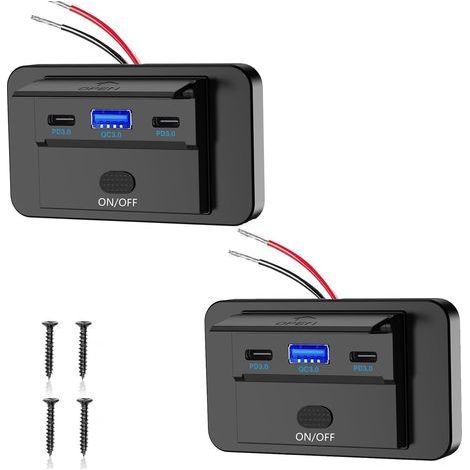 Lot de 2 Prise USB 12V, Chargeur 3 Ports QC3.0 PD, Interrupteur On/Off, Pour Auto Camion Bateau (1/5)