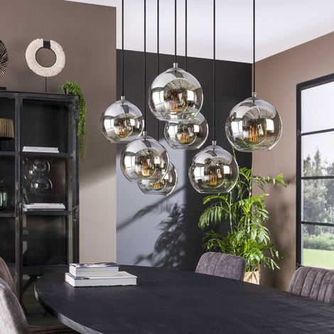 Suspension 7 lampes rondes 110x40x150 cm en verre fumé gris