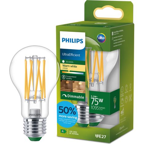 LED UltraEfficient Ampoule Filament Claire A60, Culot Edison E27, Classe Énergétique A, 1095 lm, Équivalent 75W, Blanc Chaud (2700K), Gradable, 50 000 Heures, 1 Pack (1/5)