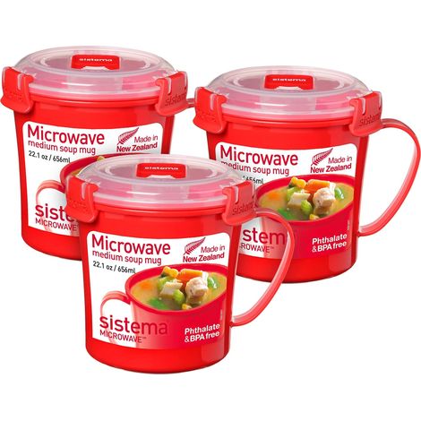 Sistema tazza per zuppa media per microonde  Contenitore per alimenti utilizzabile in microonde  656 ml  Senza BPA  Rosso l 3 pezzi