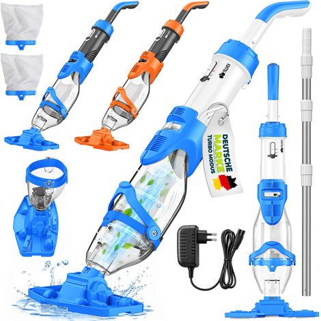 tillvex Poolsauger Blau/Grau mit Akku & Teleskopstange + Ersatzfilter bis zu 15 m³ Pool Bodensauger elektrisch Poolreiniger mit Filter & 60 min Laufzeit Handsauger Reinigungsset kabellos