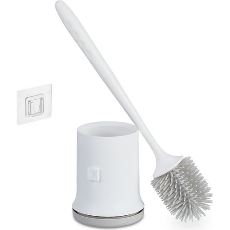 Relaxdays Scopino Bagno WC, Portascopino da Parete, Spazzola con Contenitore in Plastica, Set da Toilette, Bianco Grigio