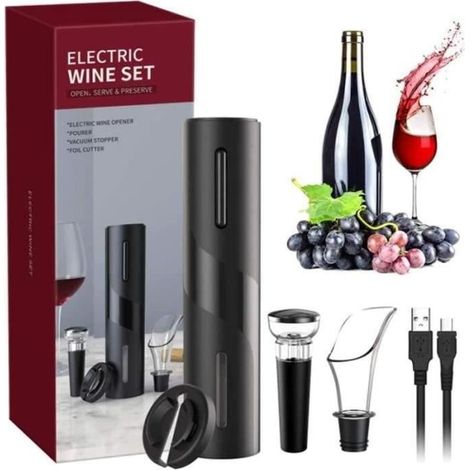 (Schwarz) Elektrischer Korkenzieher, USB 4-in-1 automatischer Weinflaschenöffner mit Folienschneider, Weinausgießer und Weinstopper, Schwarz (1/4)