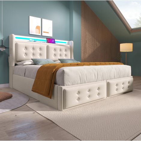 MEUBLIV Lit 160x200 cm beige – rangement hydraulique, avec matelas (1/5)