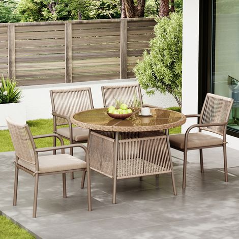 Conjunto de muebles de jardín: mesa redonda de ratán y cristal + 4 sillones, estructura de hierro, color marrón (1/5)